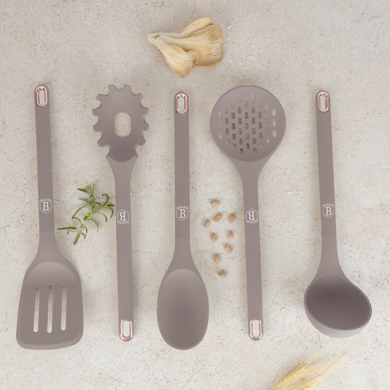 Set 5 ustensile de bucatarie cu suport, Berlinger Haus, Taupe, nailon/plastic, taupe mat - imagine 2