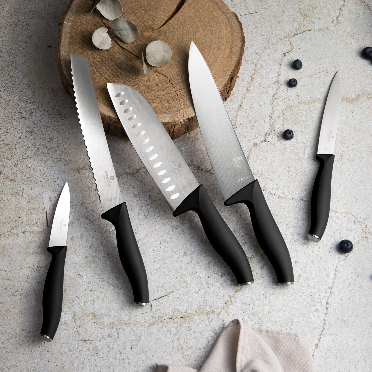 Set 5 cutite cu suport magnetic Berlinger Haus, Matte Black, inox/lemn, negru/natur - imagine 14