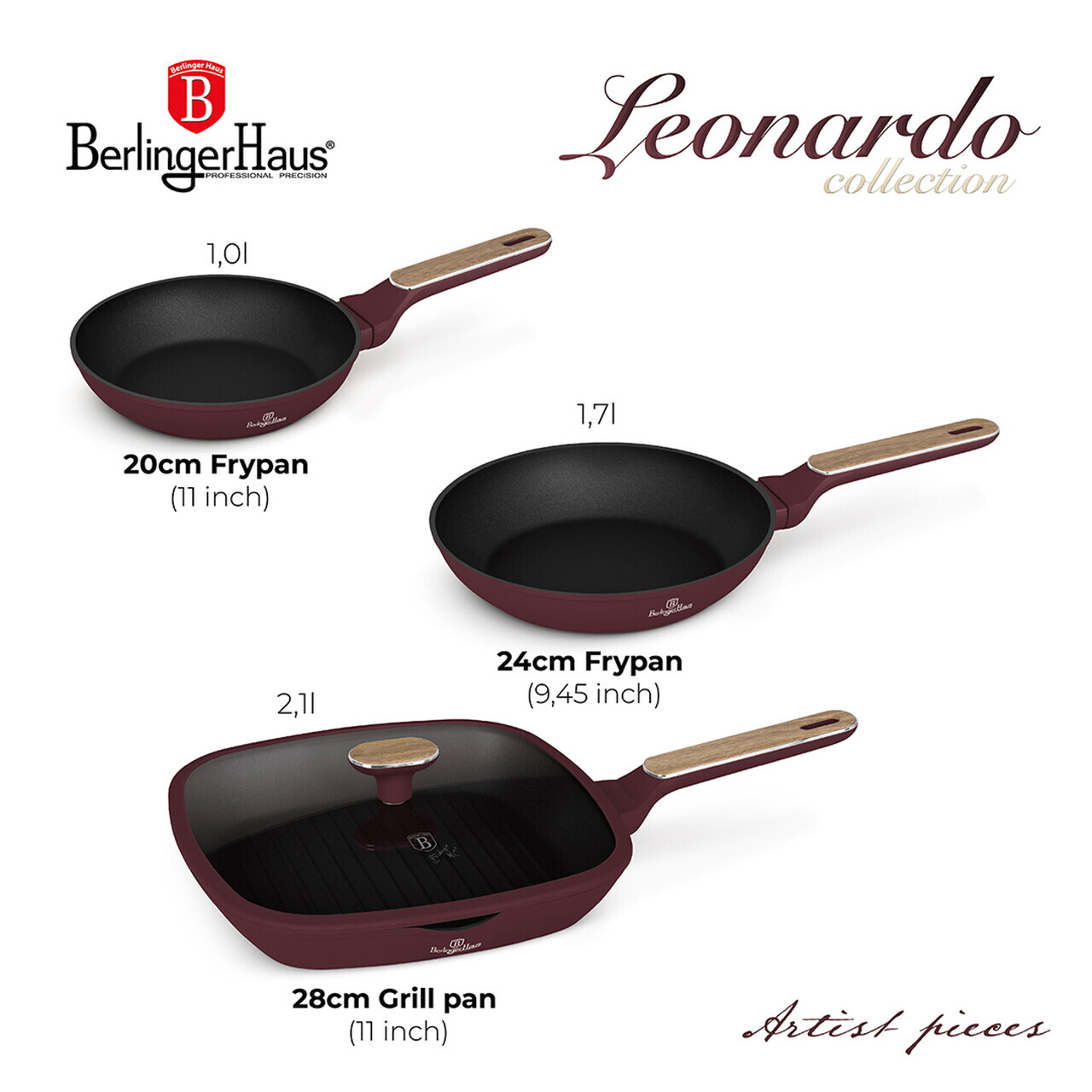 Set 3 tigai si capac Berlinger Haus, Leonardo Nordic, 20/24/28 cm, aluminiu forjat, visiniu mat - imagine 12