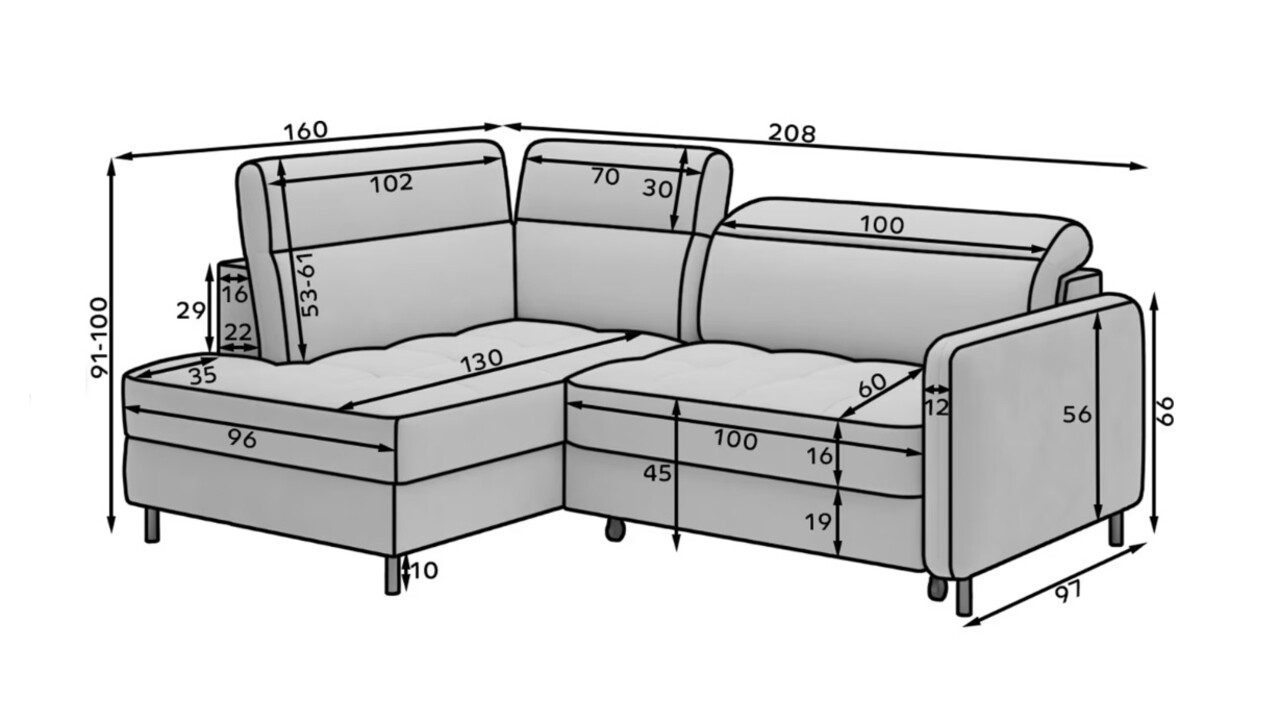 Coltar extensibil dreapta 3 locuri ELTAP, RT-04ROY, Barea, 208x160x100 cm, lemn/poliester, gri deschis