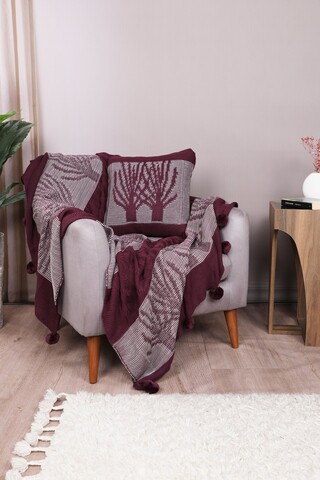 Set patura si perna Single Tricot 130x170 cm, 45x45 cm, Ponpon Tree - Claret Red, Evlen Home - Bedroom, Acril
