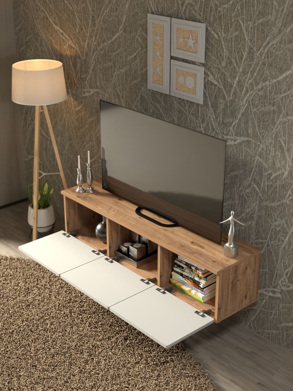Comoda TV, Hanah Home, Norvia 135, 135x32x35 cm, PAL, Pin Atlantic / Alb - view 3