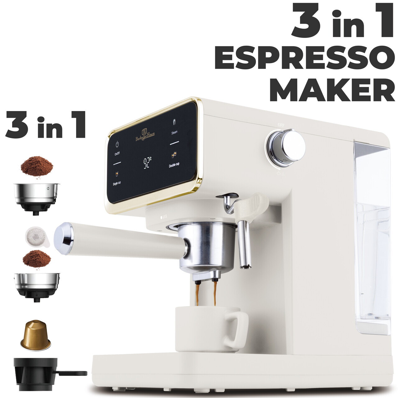 Espressor digital 3 in 1 Berlinger Haus, Sahara, 950W, 21x25.9x28 cm, inox, crem mat - view 13