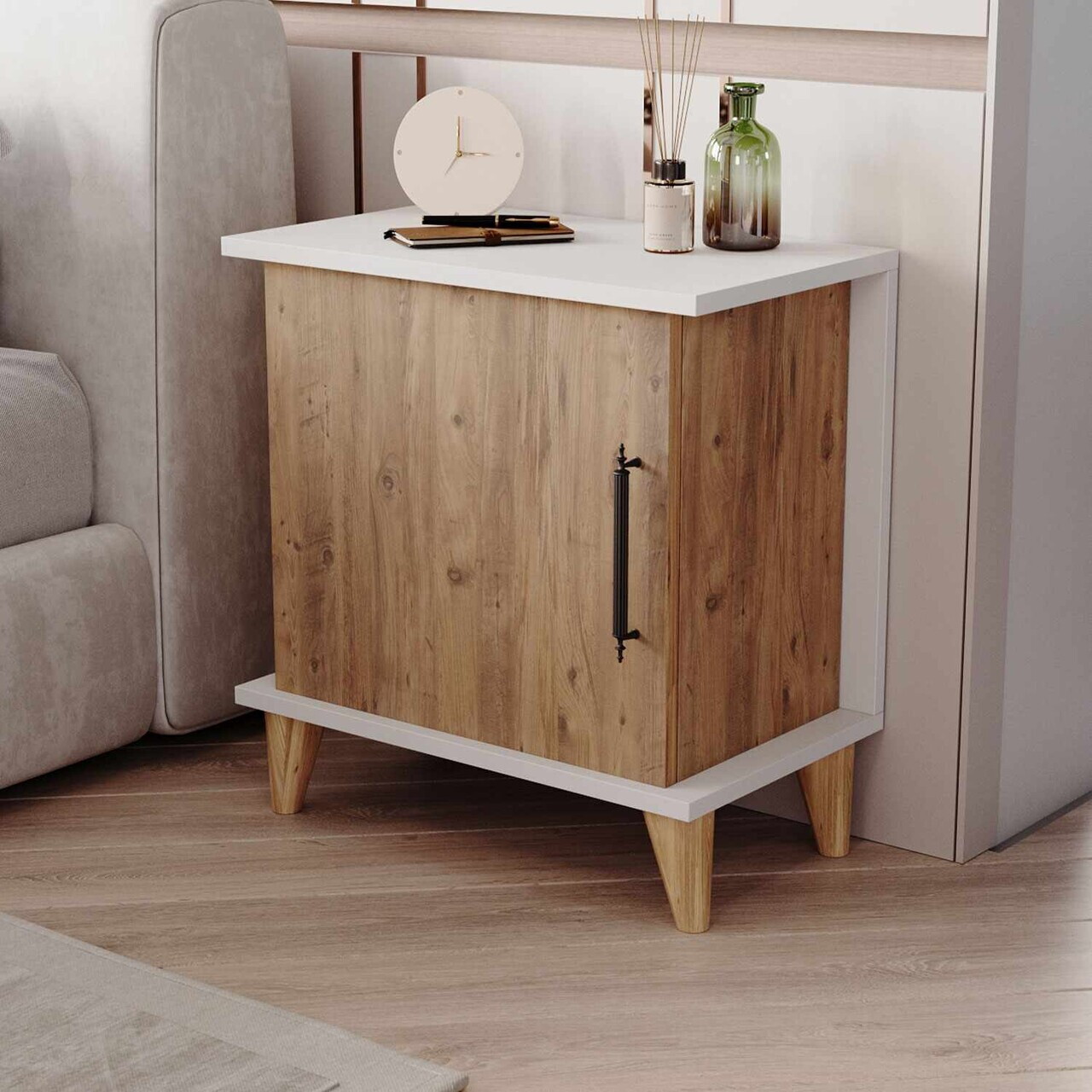 Noptiera, Hanah Home, Adela, 55x59x33 cm, Pin Atlantic / Alb