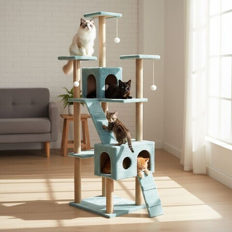 Casă pentru pisici, Paws & Whiskers, Verona, MATERIAL TEXTIL WELSOFT, Turcoaz
