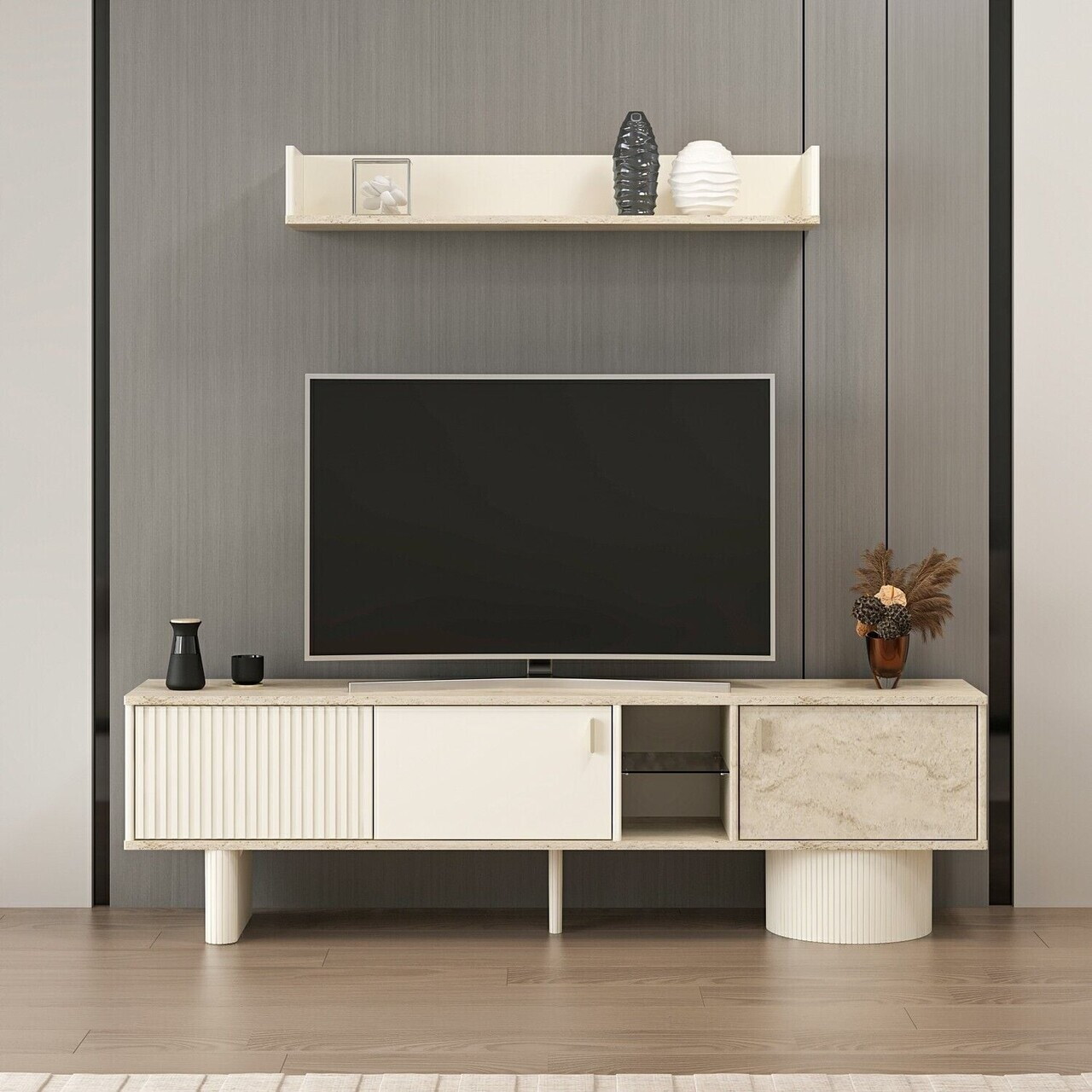 Comoda TV, Hanah Home, Valento, 180x52x36 cm, Piatră Lunii / Travertin