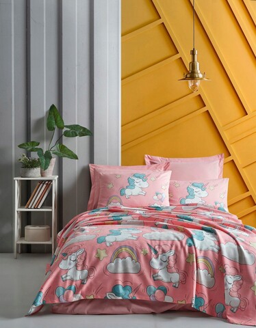 Set cuvertura pique dubla, unicornio - pink, enlora home, bumbac
