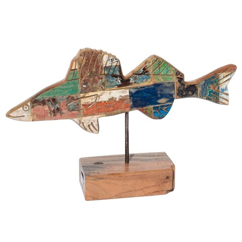 Decoratiune Outdoor Calypso Fish, 51 x 11 x 28 cm, lemn de tec reciclat, multicolor