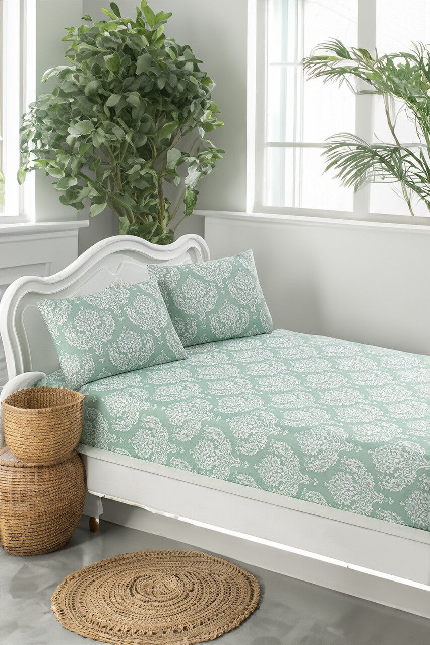 Set de pat dublu (cearceaf cu elastic si perne) 3 piese, Post - Water Green, Eponj Home, 65% bumbac/35% poliester