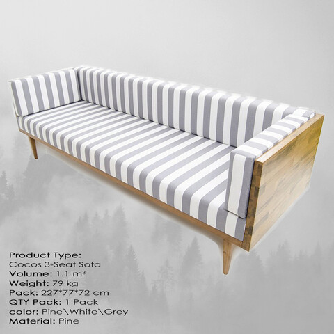 Canapea 3 locuri, Massive Design, Cocos Large, 225x70x75 cm, Pin / Alb / Gri Massive Design