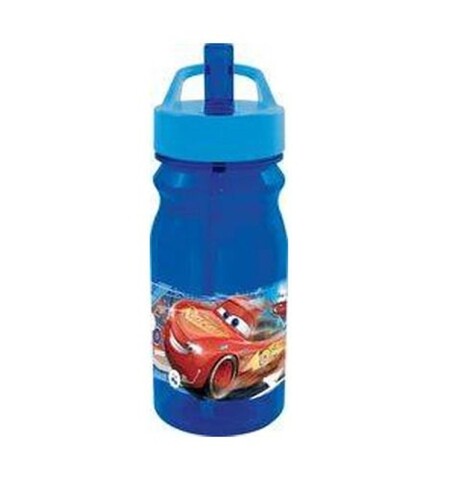 Bidon de apa cu pai Cars, Disney, plastic, 400 ml, albastru
