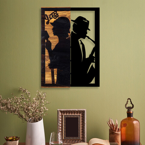 Decoratiune de perete, jazz, 50% lemn/50% metal, dimensiune: 32 x 3 x 50 cm, negru / nuc deschis