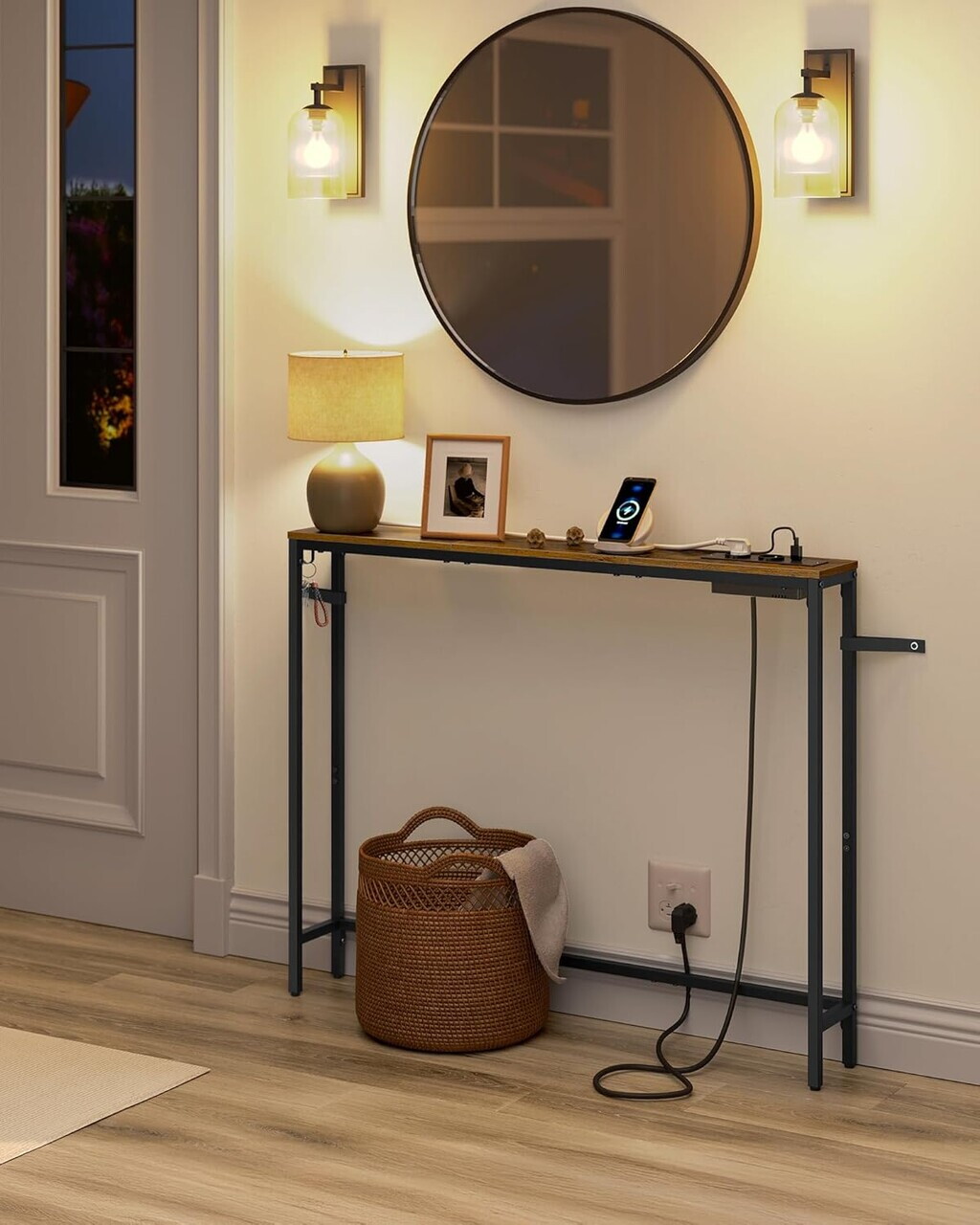 Consola ingusta cu priza si USB, Vasagle, 100x15x80 cm, PAL/otel, maro vintage/negru - imagine 2