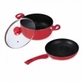 Set 3 piese pentru gatit Melissa, Vanora Home, aluminiu, sticla, rosu si negru