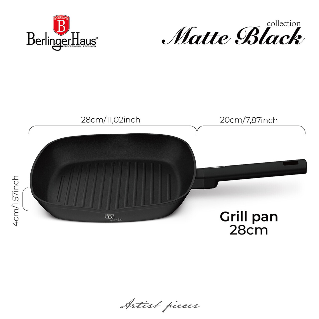 Tigaie grill Berlinger Haus, Matte Black, 28 cm, 2.1 L, aluminiu forjat, negru - imagine 7