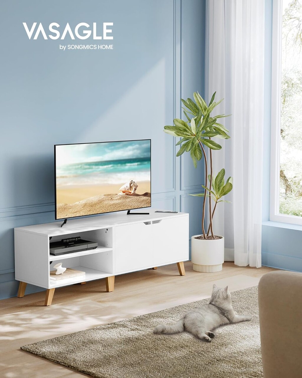 Comoda TV, Vasagle, 140x40x45 cm, TV pana la 65 inch, PAL, alb - 1 | YEO