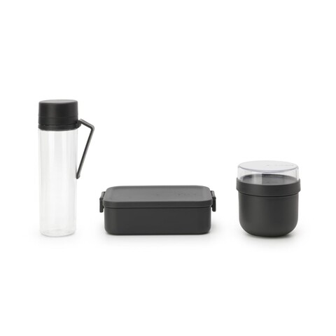 Set caserola pranz, bol si sticla de apa 3 piese, Brabantia, Make&Take Breakfast Set, 1.1 L, 500 ml, plastic, gri inchis