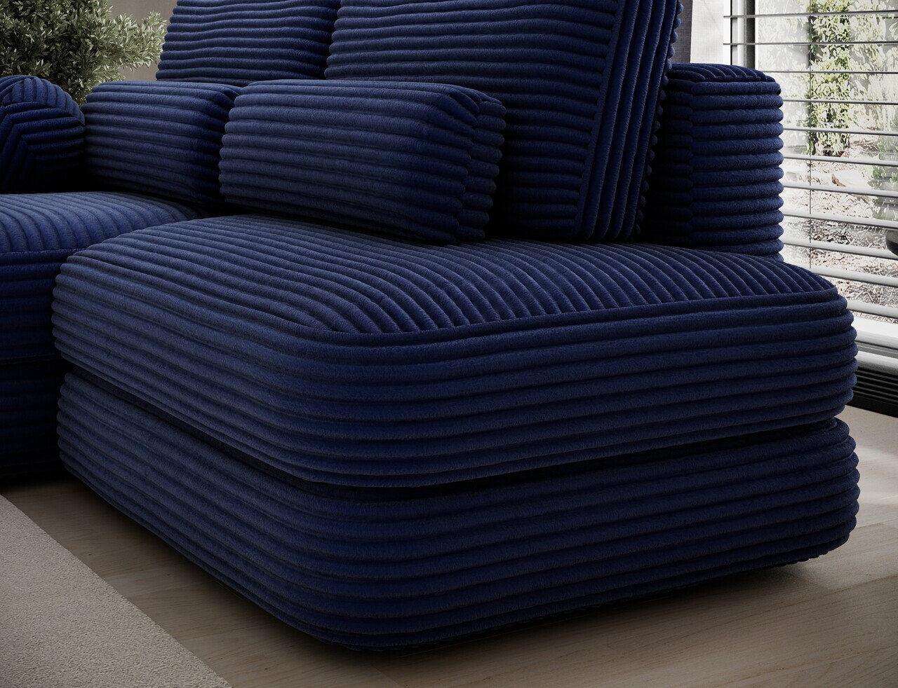 Coltar extensibil stanga 3 locuri ELTAP, Ripeli, 217x175x96 cm, lemn/catifea din poliester, albastru inchis — imaginea 8