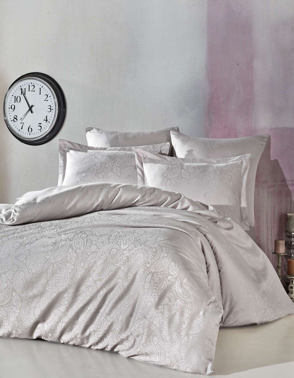 Lenjerie de pat dubla, Lucio - Light Grey, Şaheser, Bumbac Satinat