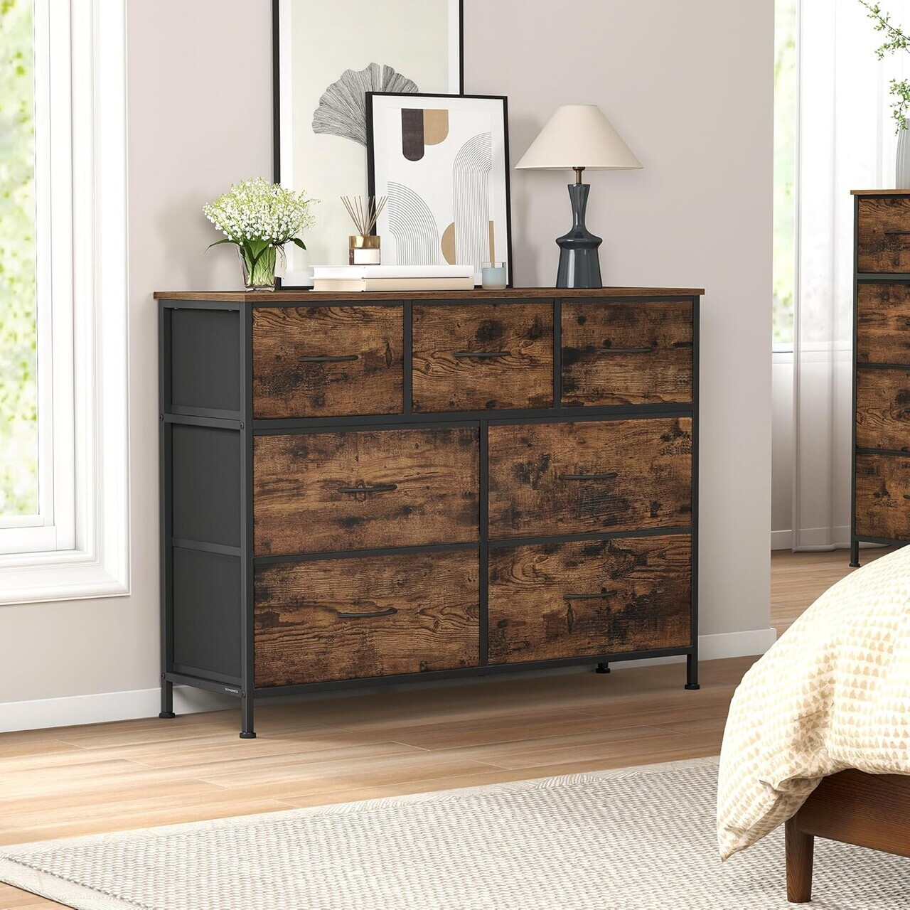 Comoda cu 7 sertare, Songmics, otel, 98.8x30x73.7 cm, maro rustic/negru - imagine 3