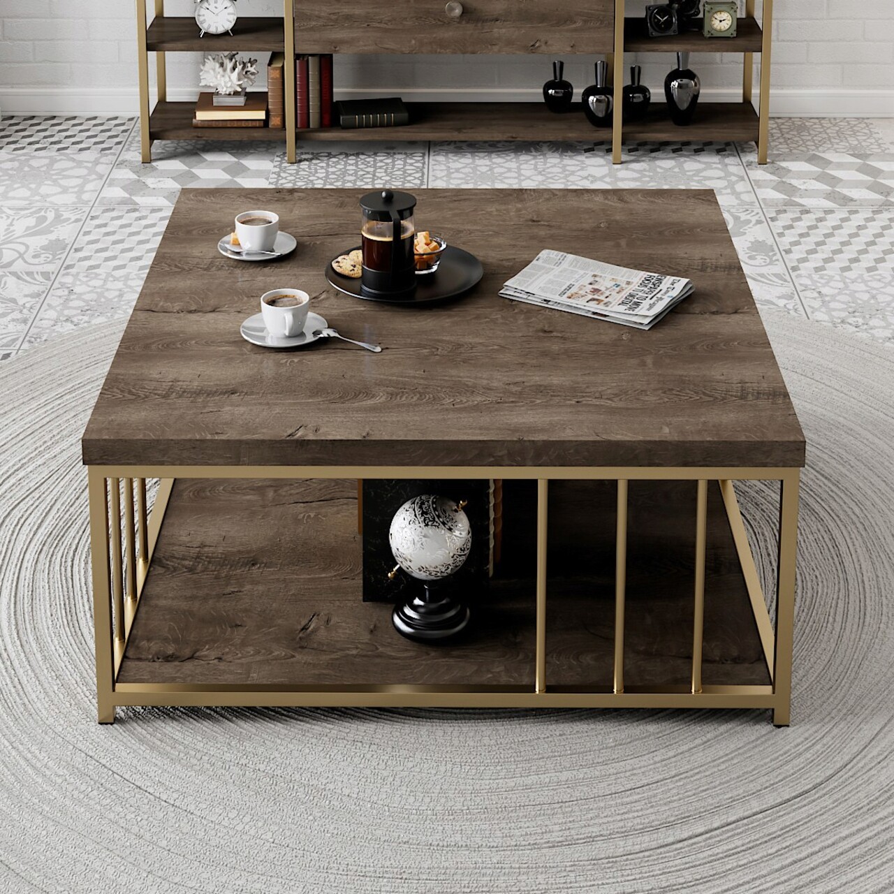 Masuta de cafea, Bexley, Zenn, 90x90x40 cm, Nuc / Aur - 1 | YEO