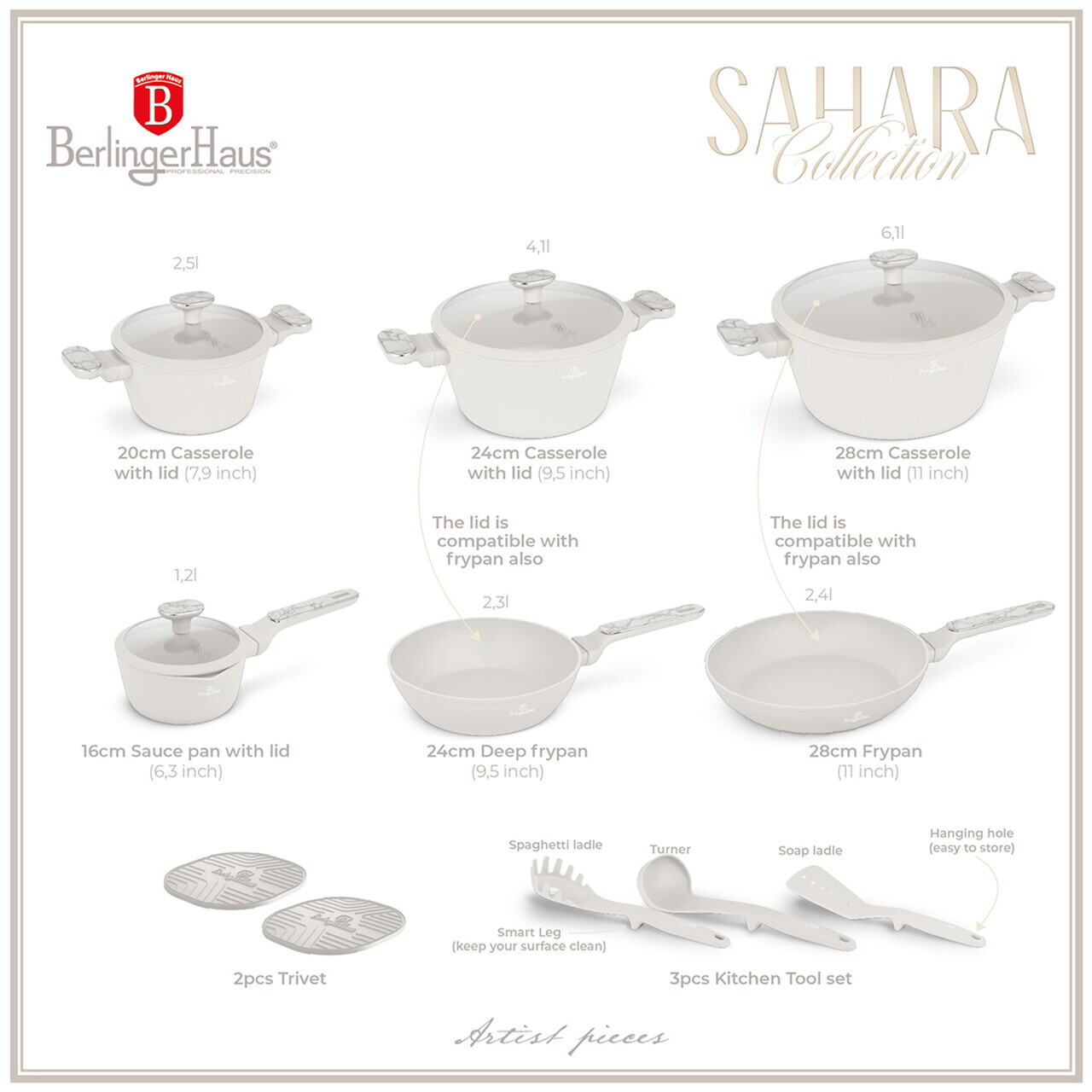 Set pentru gatit Berlinger Haus, Sahara Marble, 15 piese, aluminiu forjat, crem mat/marmura - imagine 4