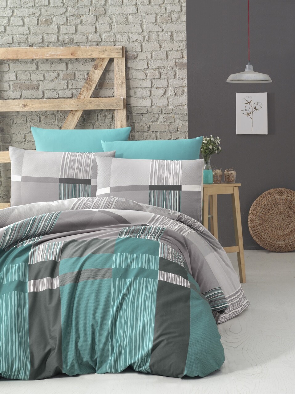 Lenjerie de pat dubla King Size, Victoria, Estela Turquoise, 4 piese, 100% bumbac ranforce, turcoaz