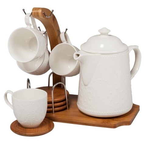 Set de cafea 10 piese Creaciones Meng, 25.5x20x25 cm, portelan/bambus