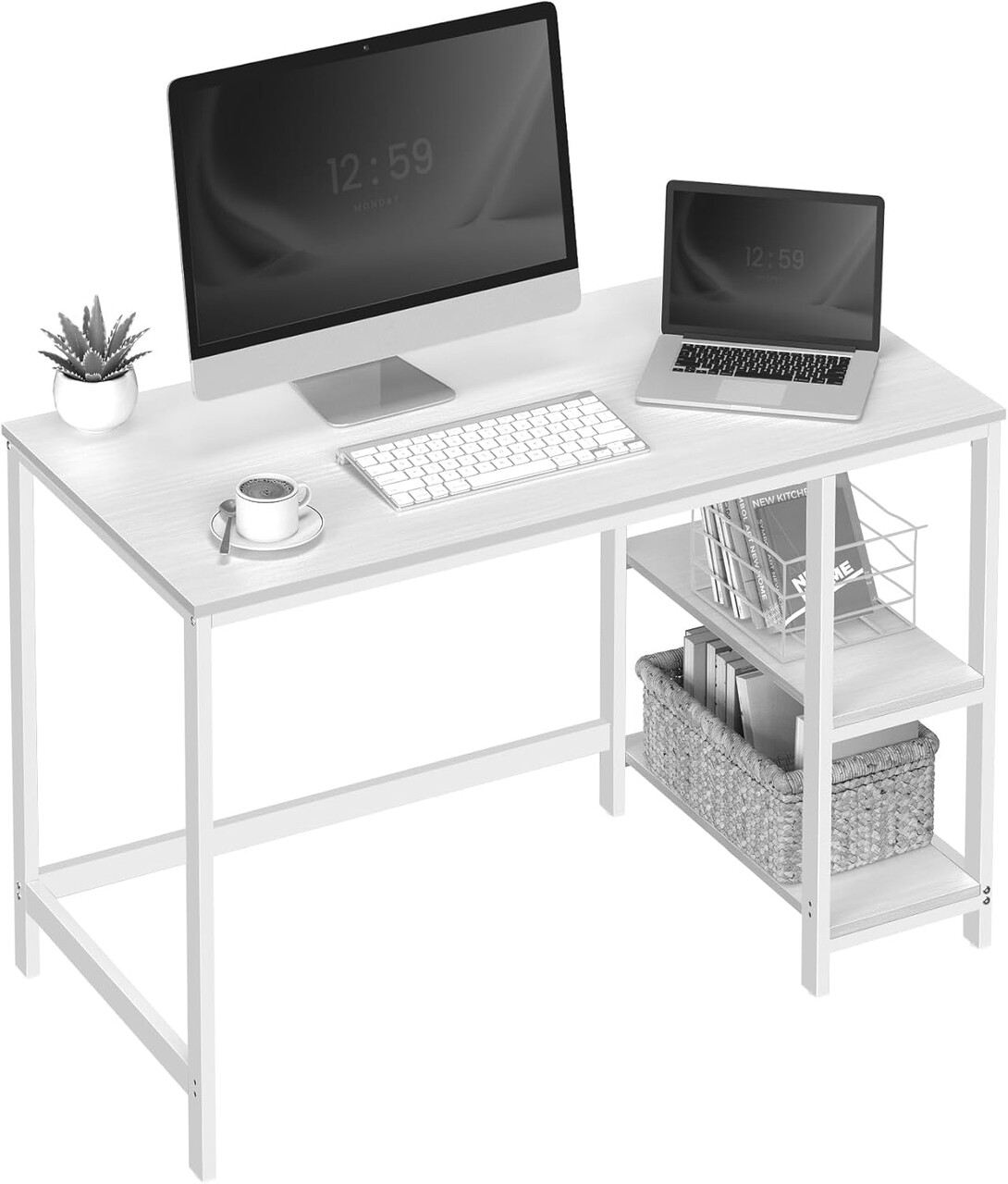 Birou cu 2 rafturi, Vasagle, 120x60x76 cm, PAL/otel, max 70kg, alb - imagine 2