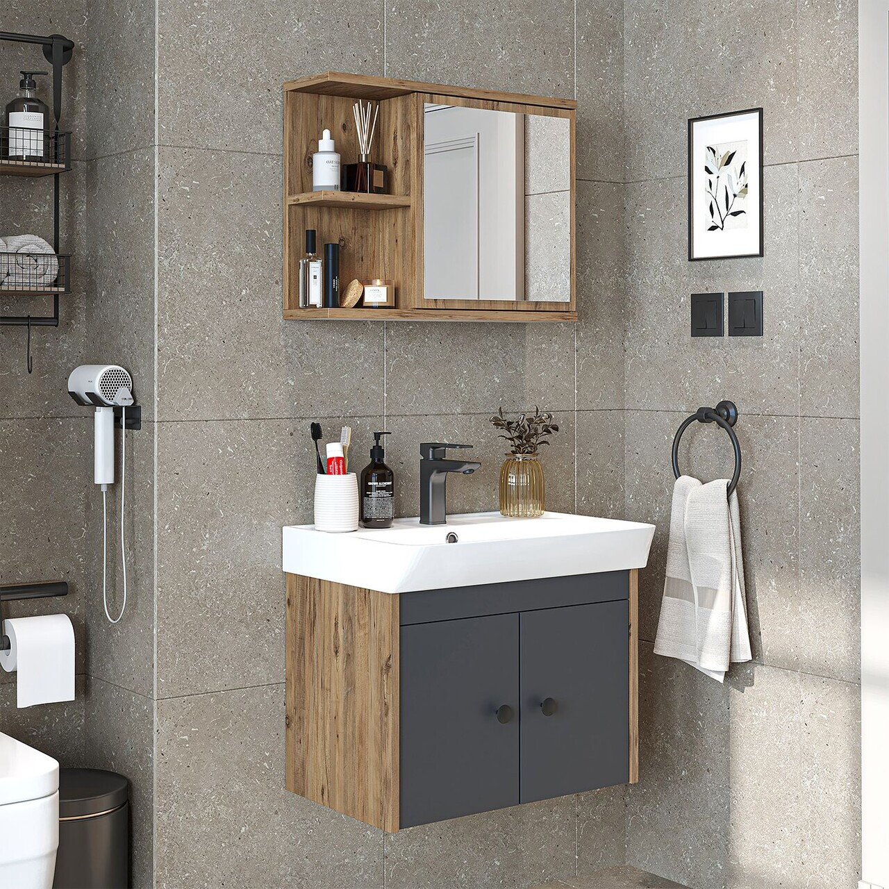 Set Dulap de Baie cu Chiuvetă și Oglindă (2 Piese), Hanah Home, 2865, PAL MELAMINAT, Pin Atlantic / Antracit