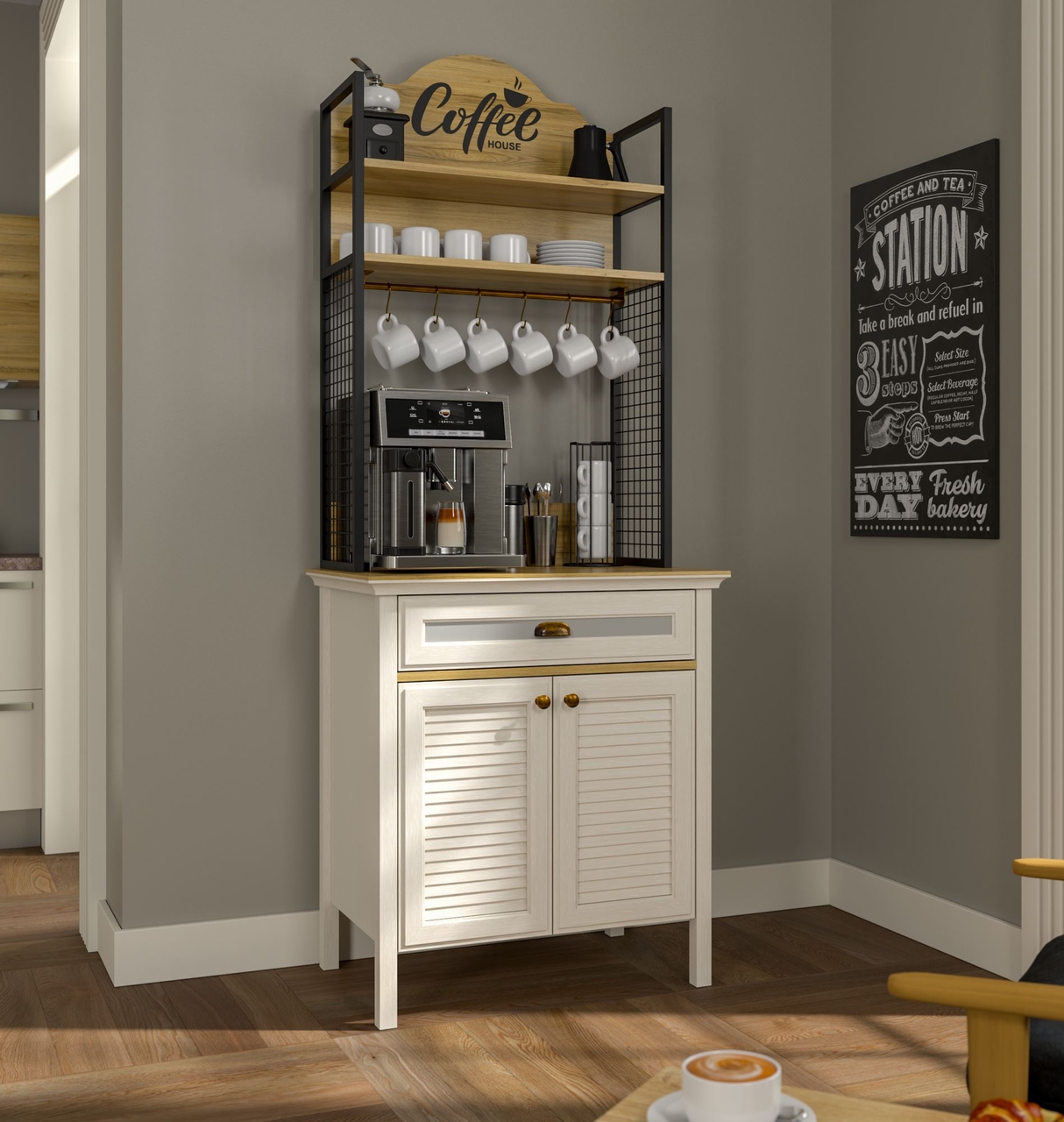 Dulap de bar pentru cafea, Hanah Home, FRN-21028, 80.4x210x52.1 cm, PAL, Crem / Stejar / Negru