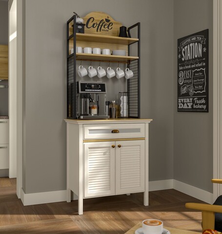 Dulap de bar pentru cafea, Hanah Home, FRN-21028, 80.4x210x52.1 cm, PAL, Crem / Stejar / Negru