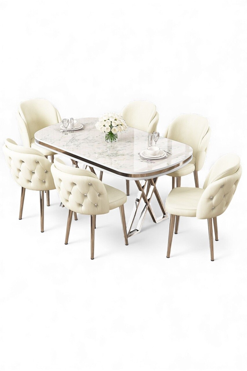 Set masă și scaune (7 piese), Hanah Home, Zae, Marmură albă / Crom / Crem - view 2