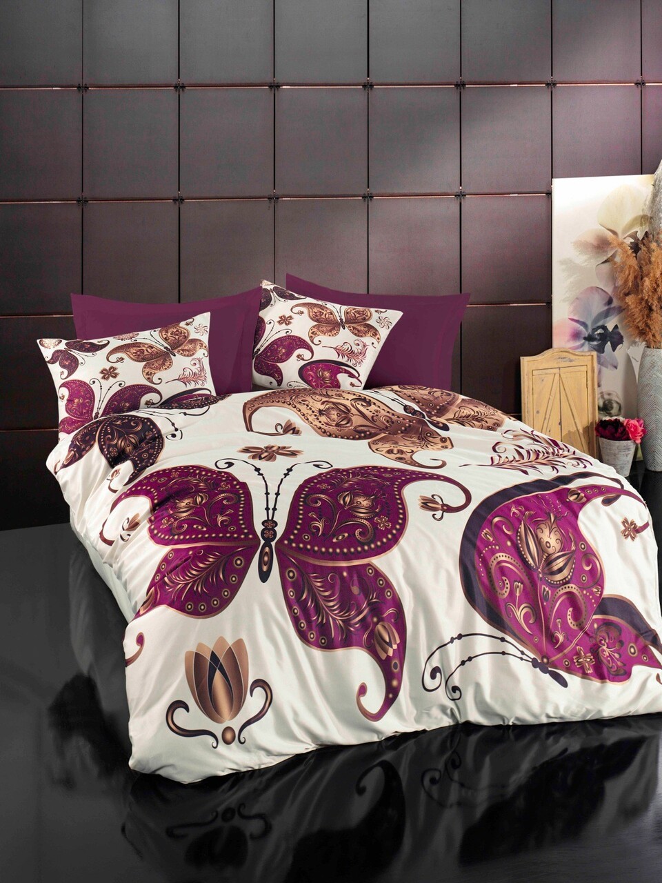 Lenjerie de pat dubla King (EU) (ES) 3 piese L'essentiel Maison 485 Mov / Auriu / Alb