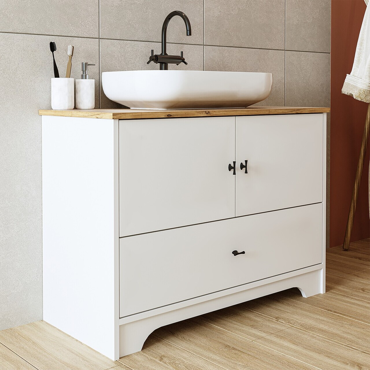 Dulap de baie cu chiuvetă, Hanah Home, 2381, 99.5x72x45 cm, MDF-LAM, Alb mat