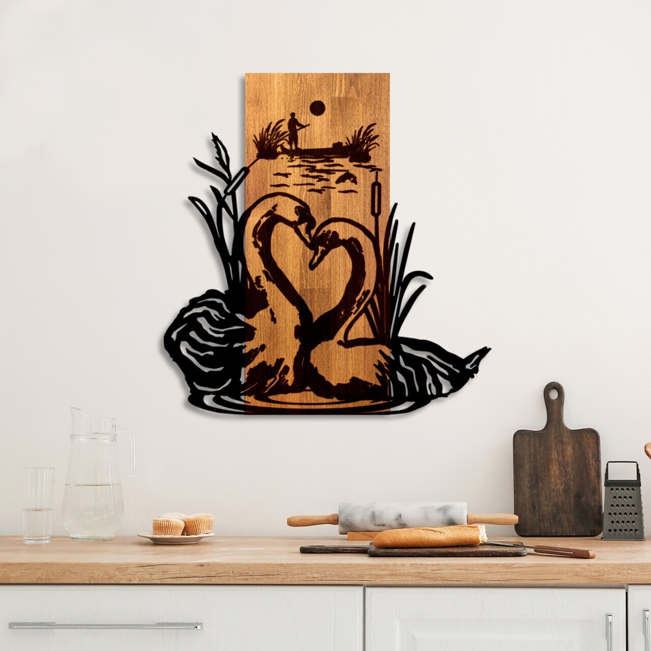 Decoratiune de perete, Swan Lake, Lățime: 57 cm, Nuc / Negru — imaginea 2