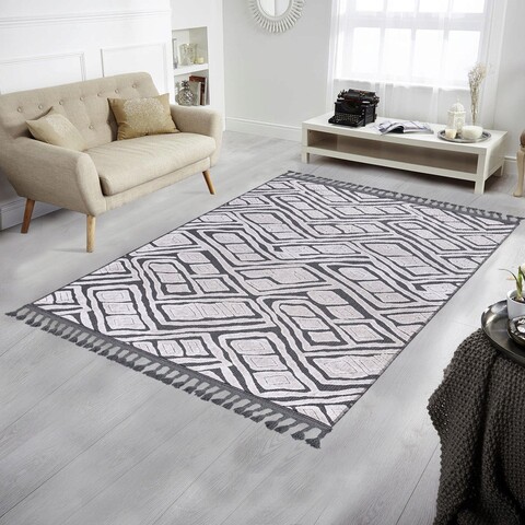 Covor de hol, las monte 3002, 80x150 cm, 60% bumbac;40% fibre acrilice, alb / gri