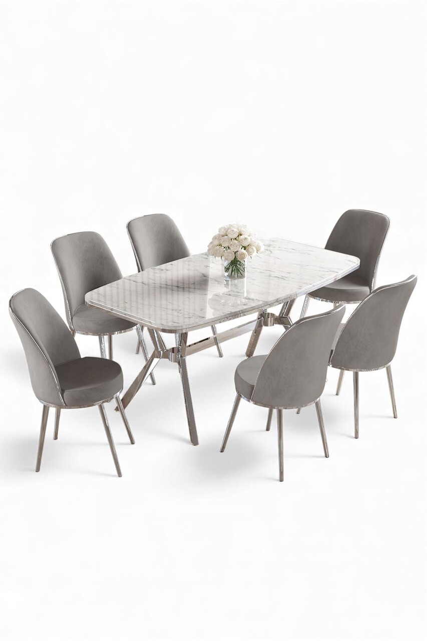 Set masă și scaune (7 piese), Hanah Home, Lena, Marmură albă / Crom / Gri - view 2