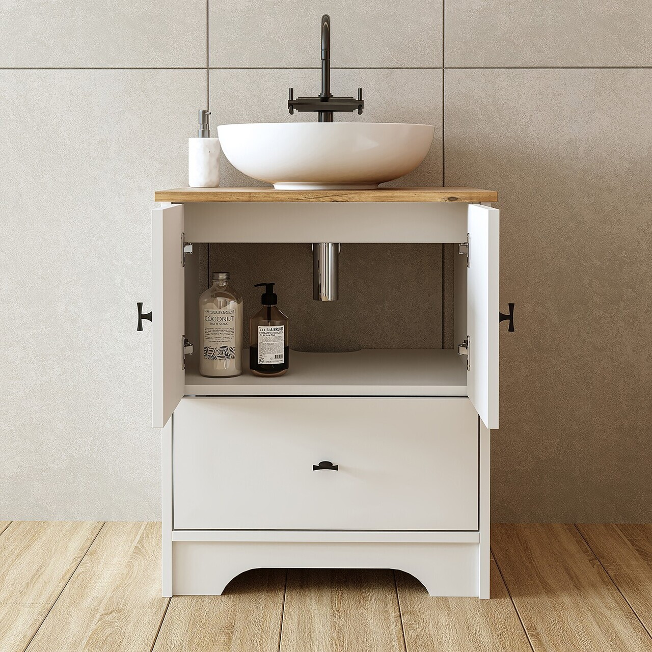 Dulap de baie cu chiuvetă, Hanah Home, 2379, 60x72x45 cm, MDF-LAM, Alb mat — imaginea 4