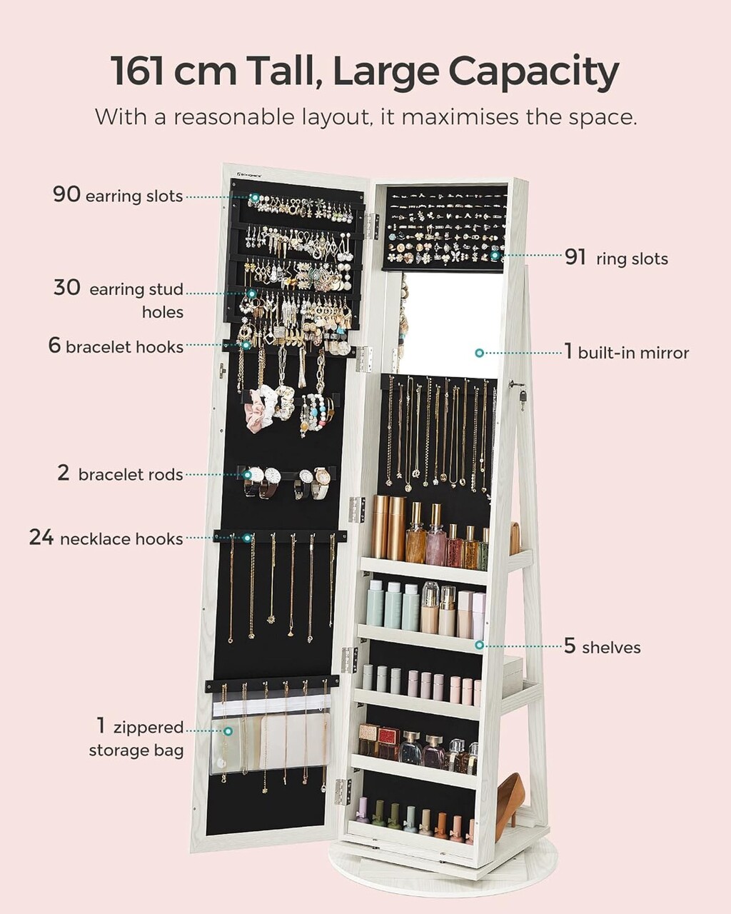 Dulap rotativ pentru bijuterii cu oglinda, Songmics, 55x161 cm, PAL/sticla, alb - 2 | YEO