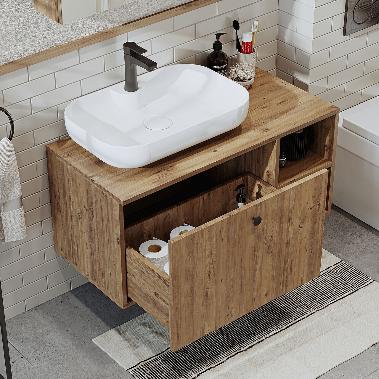Dulap de baie cu chiuvetă, Hanah Home, 2517, 95x58x45 cm, MDF, Maro — imaginea 4