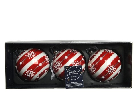 Set 3 globuri Bauble Snowflake, Decoris, Ø8 cm, sticla, alb/rosu
