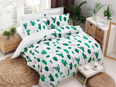 Lenjerie de pat dubla King Quilt(CZ) Kaktüs, EnLora Home, 3 piese, 240x220 cm, amestec bumbac, verde