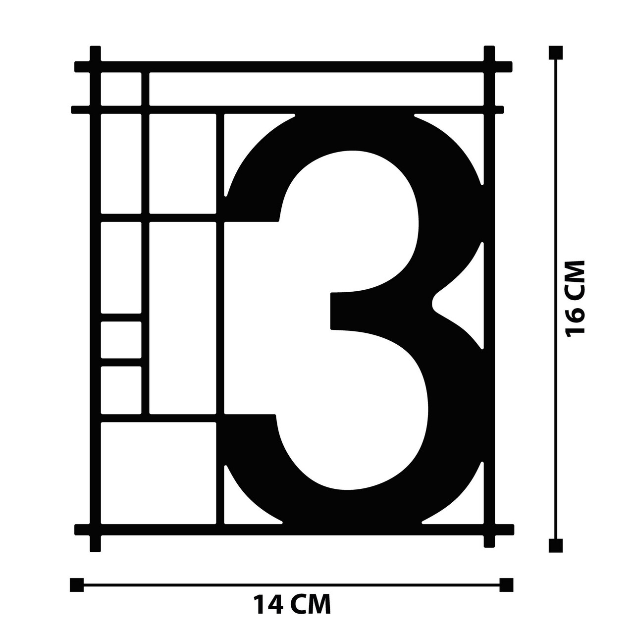 Numar casa pentru poarta/usa Three, metal, 14 x 16 cm, negru, cifra 3