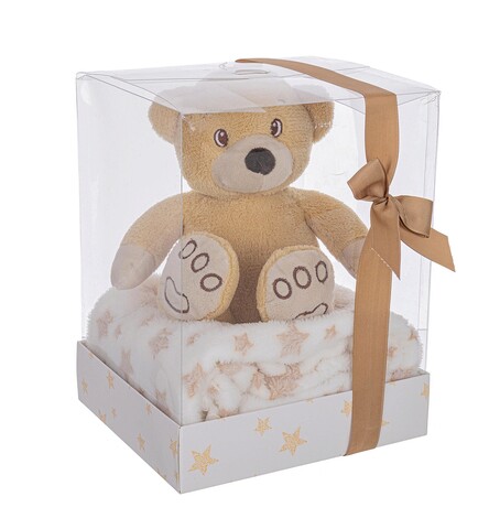 Set cadou pentru copii patura 90x75 cm + jucarie urs 20 cm, Box Star W-Bear, Bizzotto, plus/poliester, bej/alb