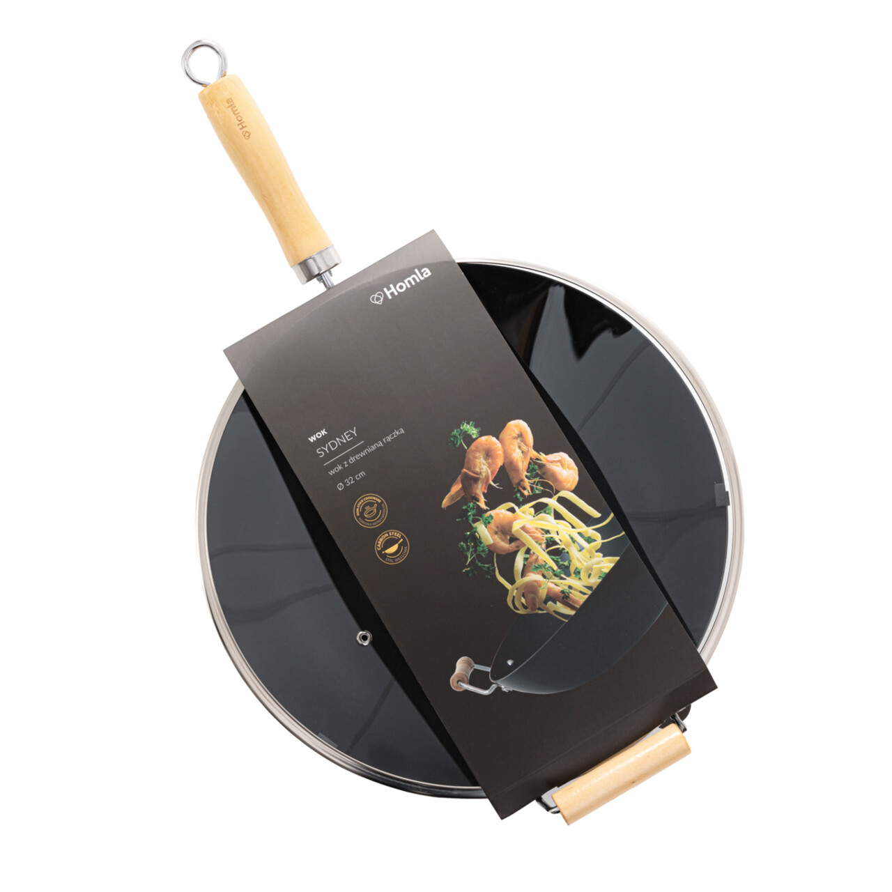 Tigaie Wok Sydney, Homla, 50x32x9 cm, 4 L, otel/lemn/sticla, negru/natur
