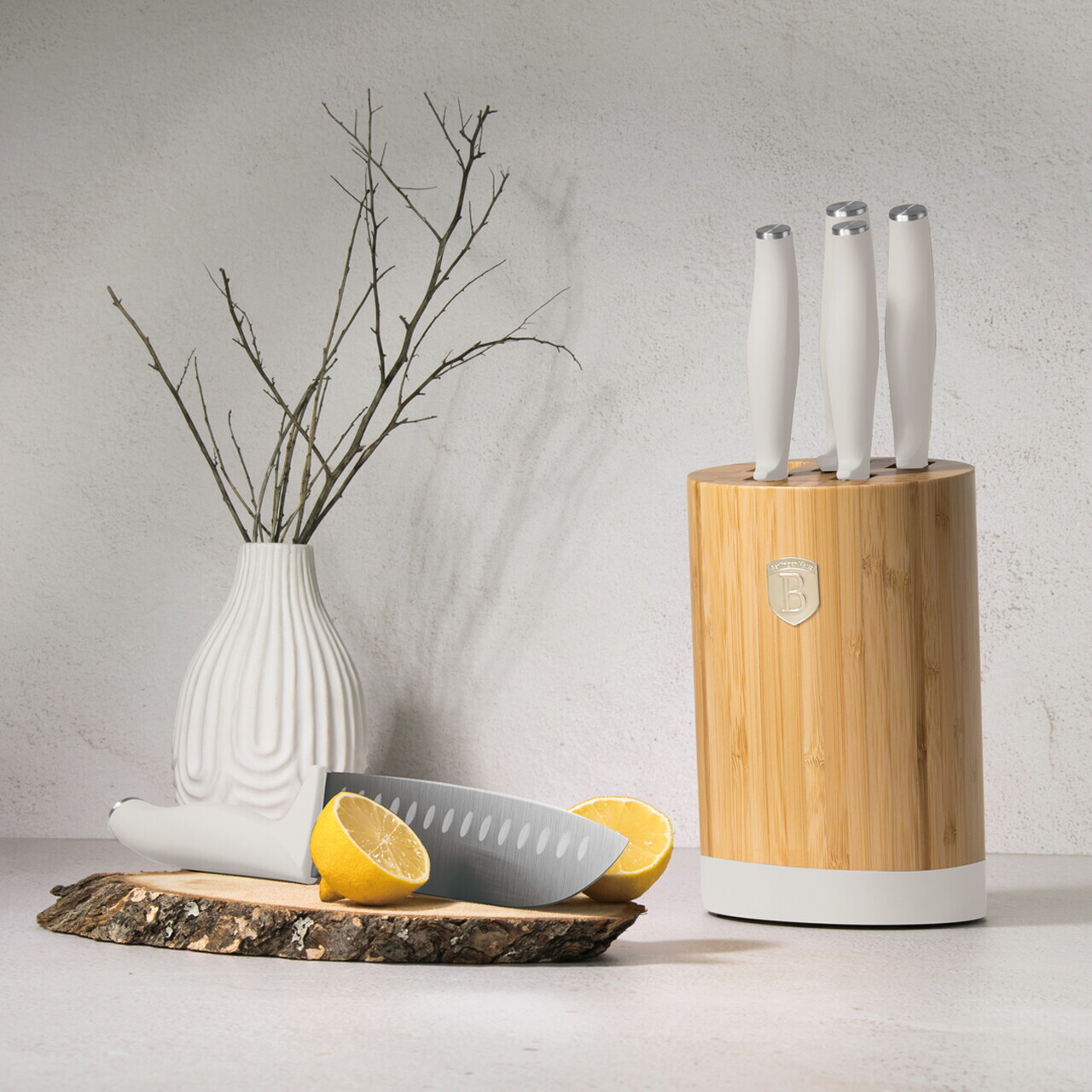 Set 5 cutite cu suport rotund Berlinger Haus, Sahara, inox/bambus, crem mat/natur - imagine 3