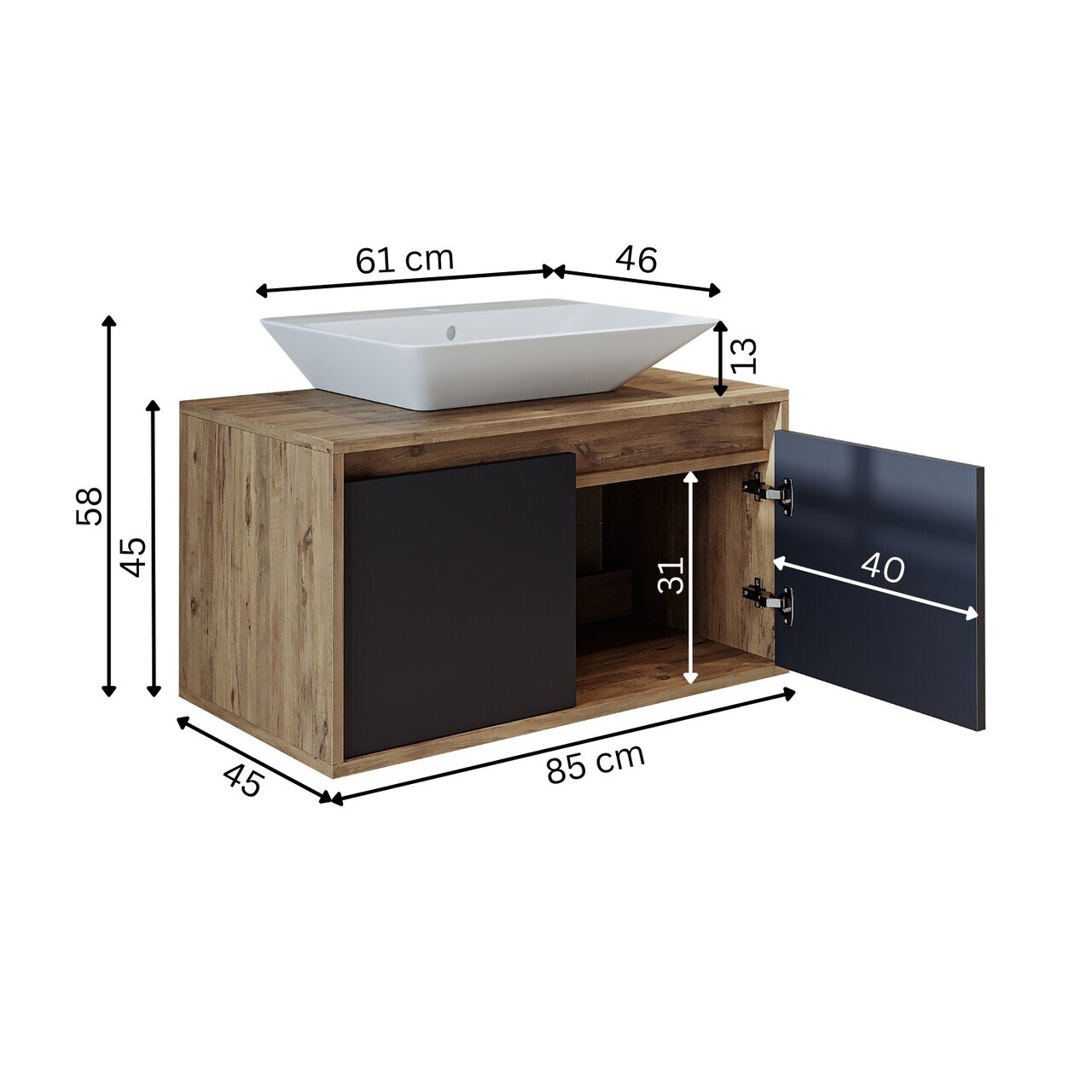Dulap de baie cu chiuvetă, Hanah Home, 1706, 85x58x45 cm, MDF-LAM, Pin Atlantic / Antracit — imaginea 7