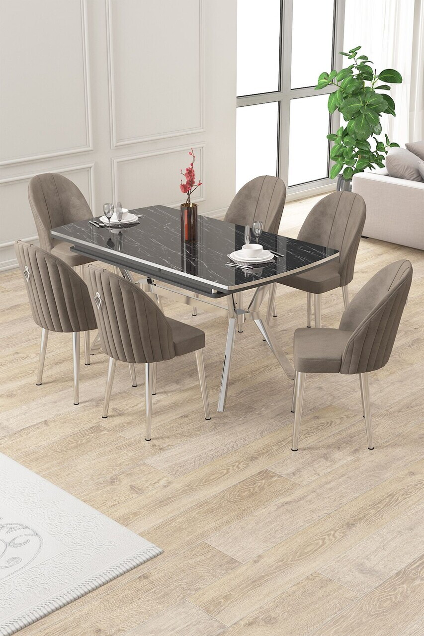 Set masa extensibila si scaune (7 piese), Hanah Home, Sim, Model de marmură neagră / Crom / Cappuccino