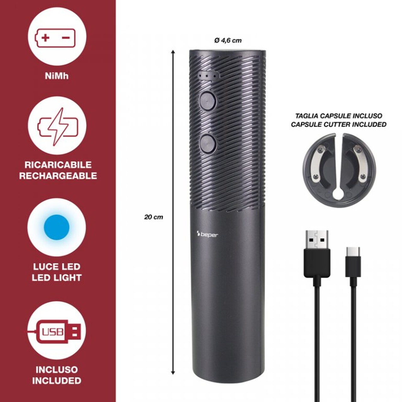 Tirbuson reincarcabil prin USB Beper, negru - view 2